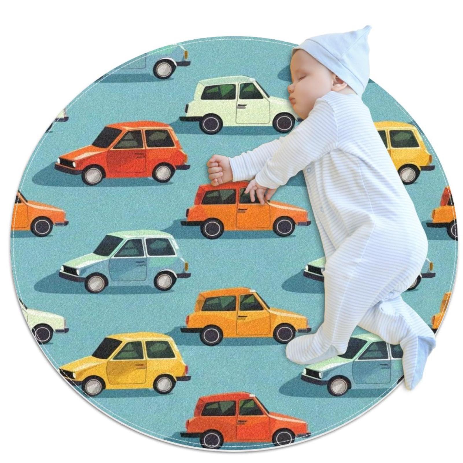 Tapis antidérapant voitures de dessin animé rond 1m pour chambre et canapé