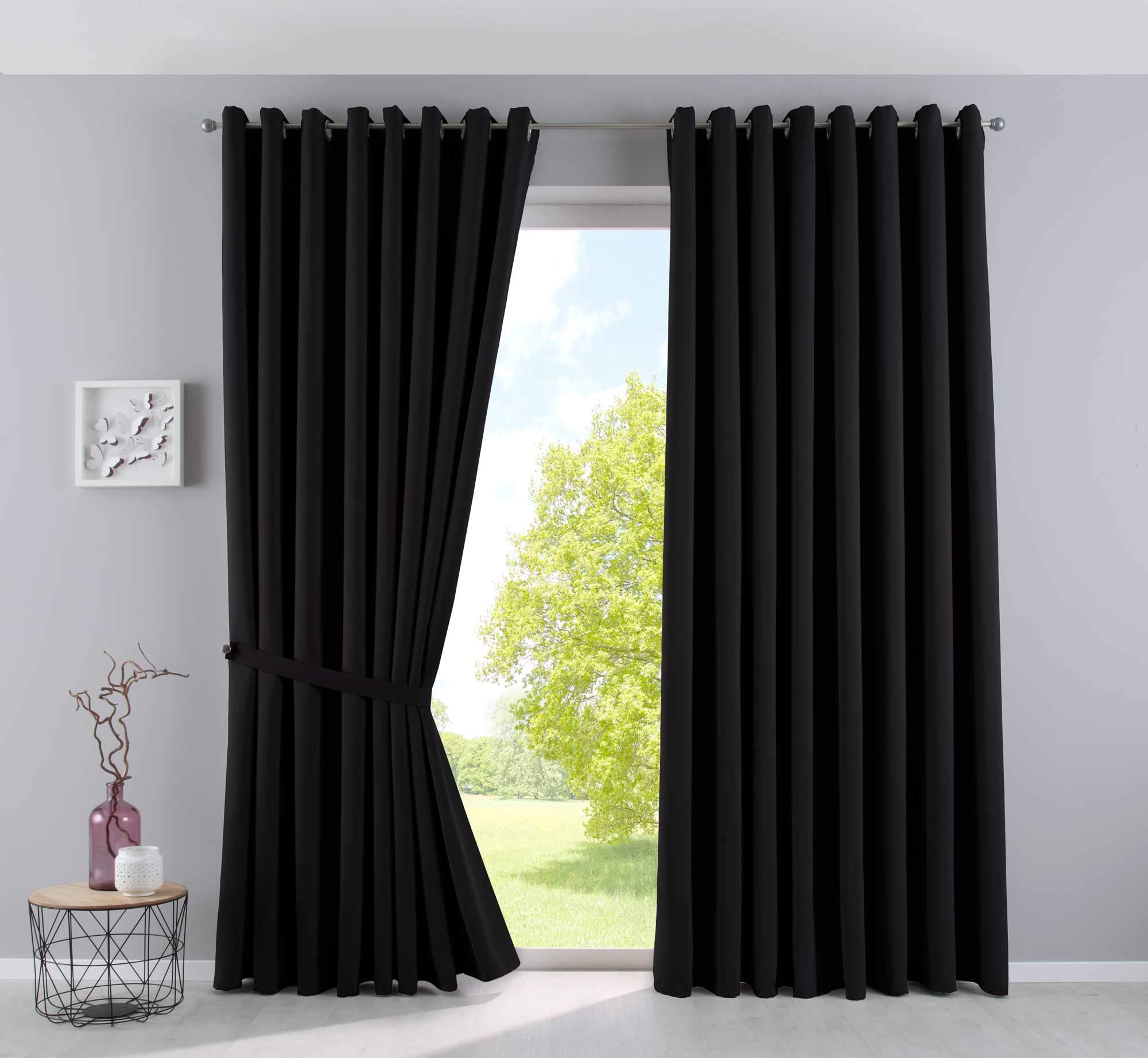 Gardinenbox NewYork 201920600-2 Opaque Thermal Curtains Blackout Eyelets Sound-Absorbing Oeko-Tex UV Protection Tiebacks 100% Polyester Black H 225 x W 295 cm