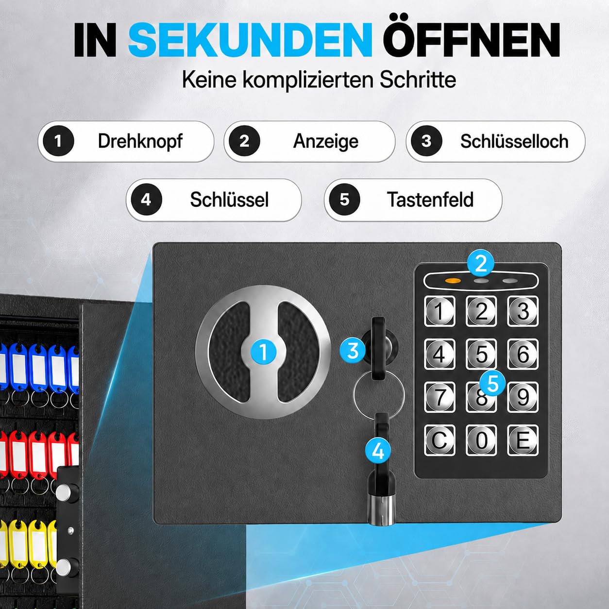 Schlüsselkasten, 73 Positionen Schlüsseltresor mit Kombination, Schlüsselbrett mit zurücksetzbar, schwarz, Digitale Sicherheitsbox, Schlüssel-Organizer mit verstellbaren Regalen