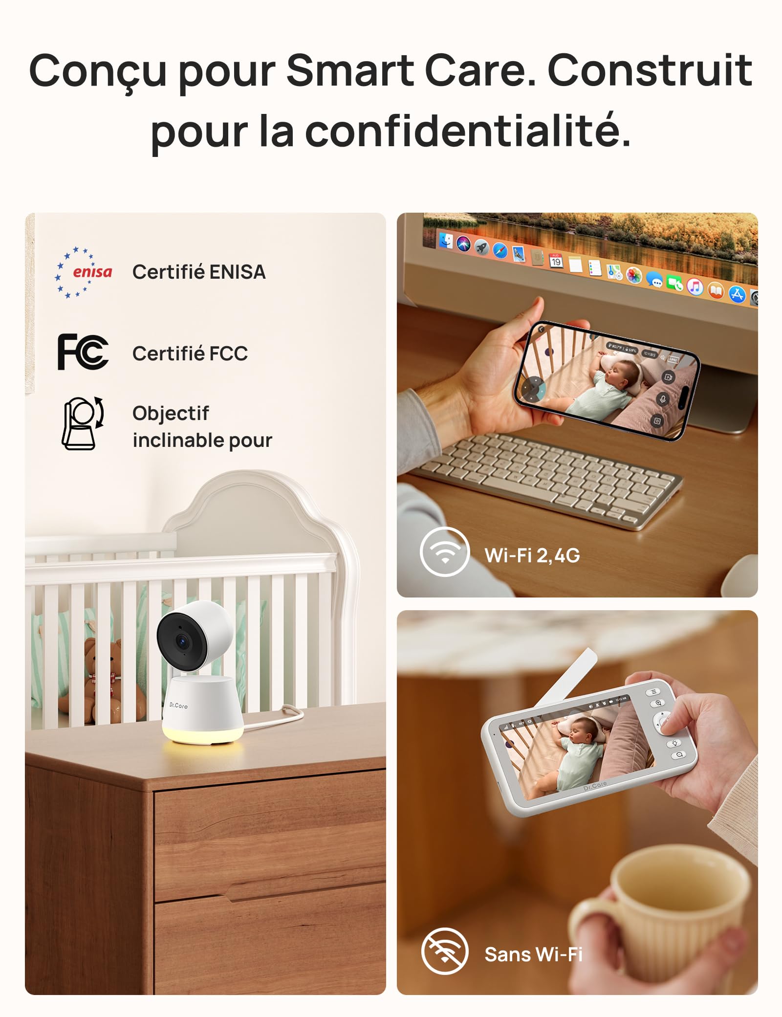Dr.Care Babyphone Camera WiFi 2K, écran 5",App, Support à Pince, Mode privé | Batterie amovible 5000mAh, alertes mouvement/son, portée 390m, vision nocturne HD, Suivi personnes, Vox, veilleuse, LumiView