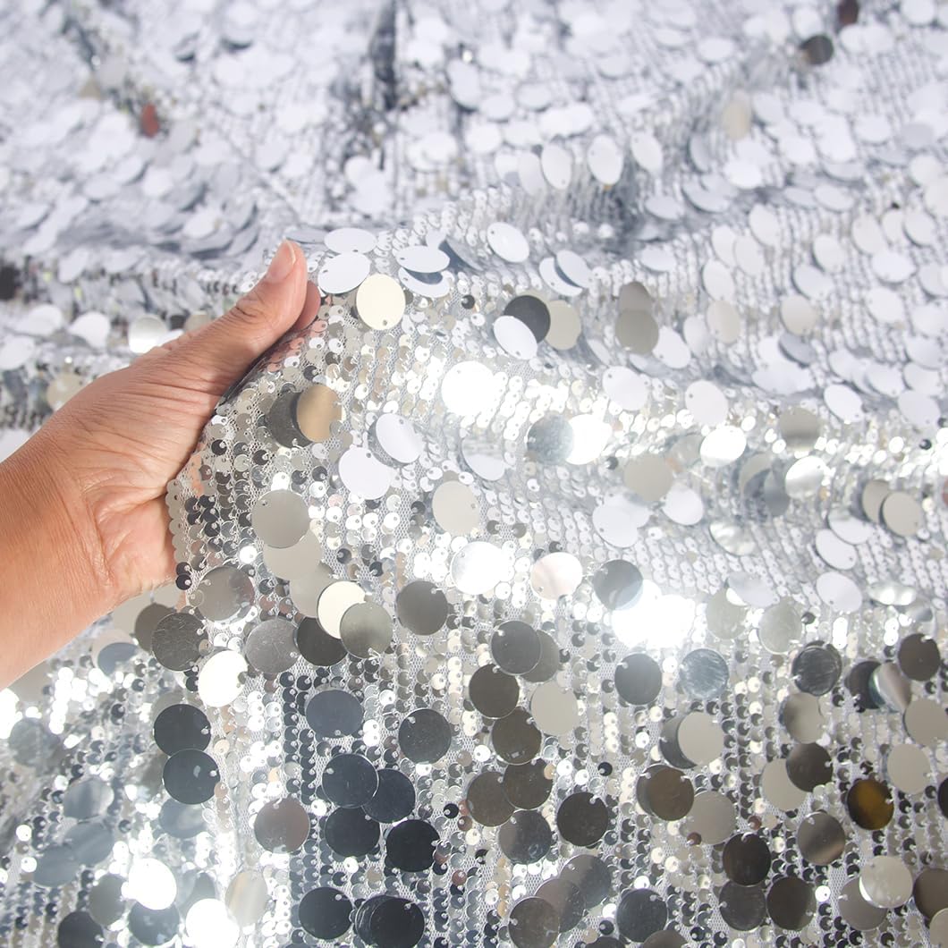 Big Sequin Fabric By the Yard Pre-Cut Glitter Silver 5mm Sequins with 18mm Big Round Sequins Stretch Mesh Material Sewing DIY Supplies Fabrics Flip Sequin Fabric for Wedding Dress Skirts and Cloths