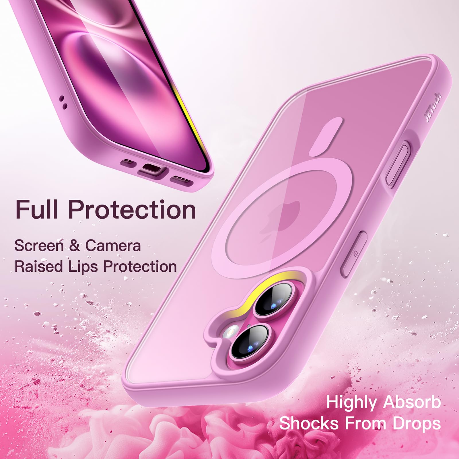 JETech Cover Magnetica per iPhone 16 6,1 Pollici Compatibile con MagSafe, Antiurto Paraurti Custodia, Solida Colore Opaco TPU Telaio, Anti-Graffio Retro Trasparente (Rosa)