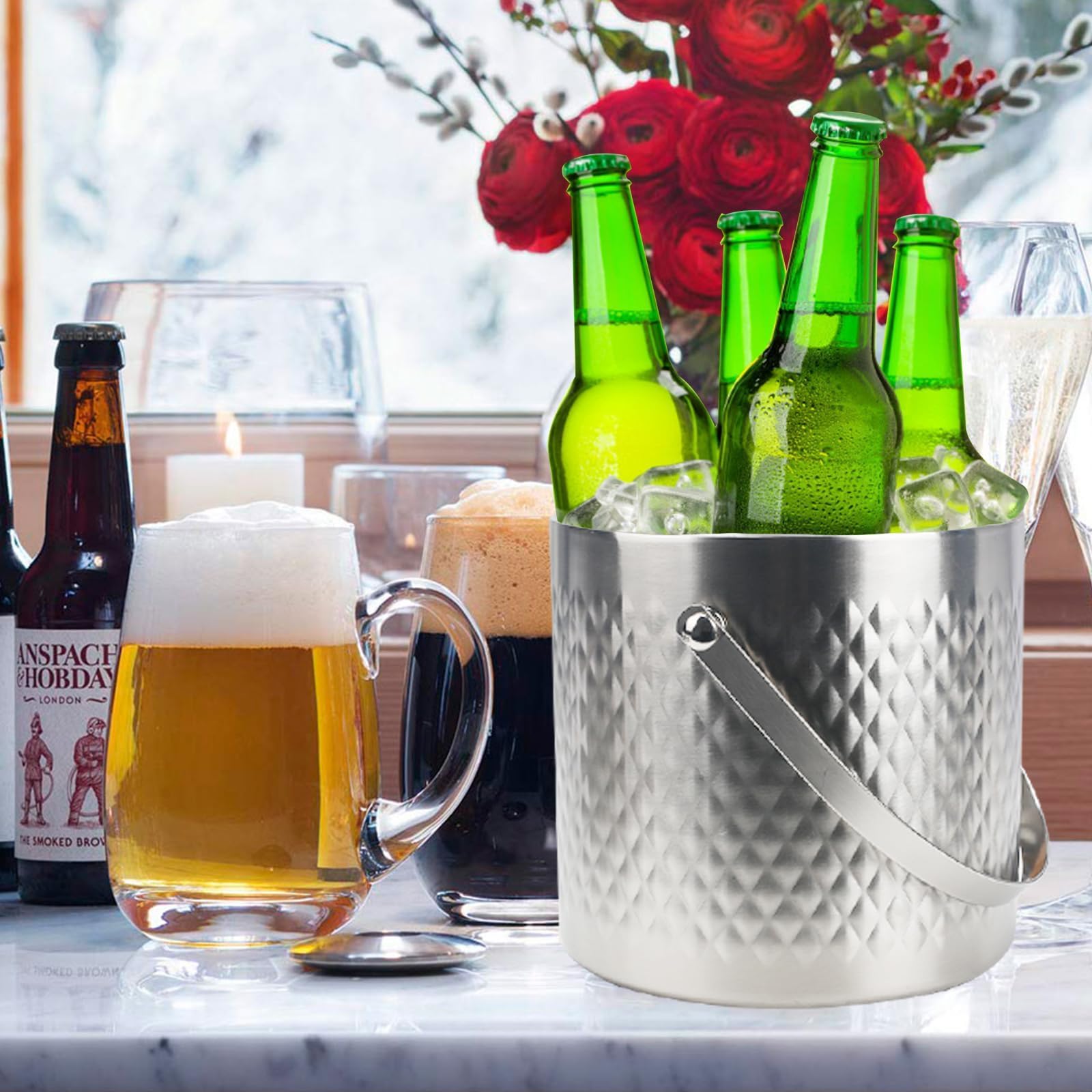 3L cubiteras para hielo grande hielera portátil cubiteras para botellas de doble pared de acero inoxidable champanera de diamante con Tapa Colador Cuchara hielo cubitos de hielo y Pinza