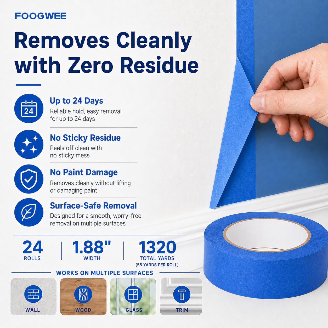 FOOGWEE Blue Painters Tape, 24 Rolls Washi Tape 1.88 Inch Wide x 55 Yards Masking Tape for Wall Painting, No Residue (1320 Yards Total)