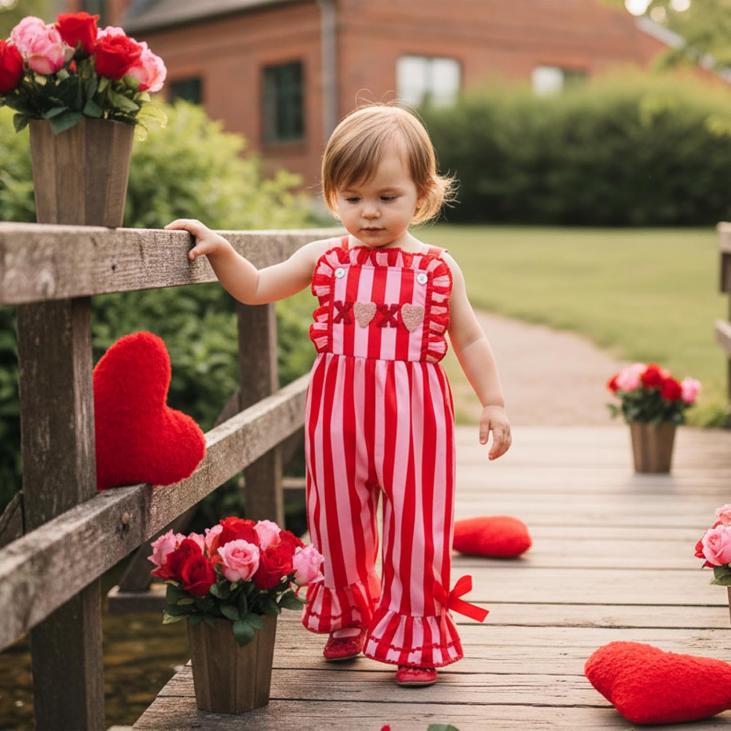 Toddler Baby Girl Valentines Day Outfit Flare Jumpsuit Bell Bottom Romper Sleeveless Ruffle Smocked Overalls Clothes - Image 2