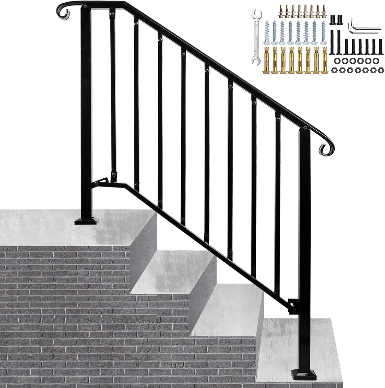 ZwinzAdjustable Handrails for Outdoor Steps, Handrail Picket #3 Fits 3 or 4 Steps, Mattle Wrought Iron Handrail, Stair Rail with Installation Kit for Outdoor Steps