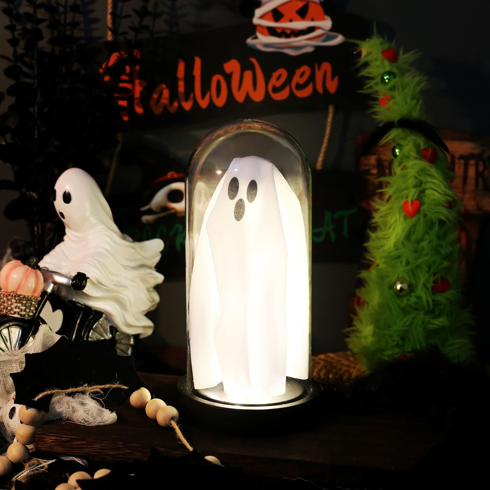 Dekoracja na Halloween rozświetlający duch w kopule klosz oświetlony duch do domu na kominek blat przyjęcie świąteczne dekoracje stołu dekoracje wewnętrzne