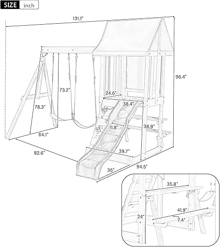 Miniatura 3 de Juegos de columpio 3 en 1 para exteriores con tobogán, 2 columpios y escalador, juego de madera al aire libre para jardín, patio trasero y parque