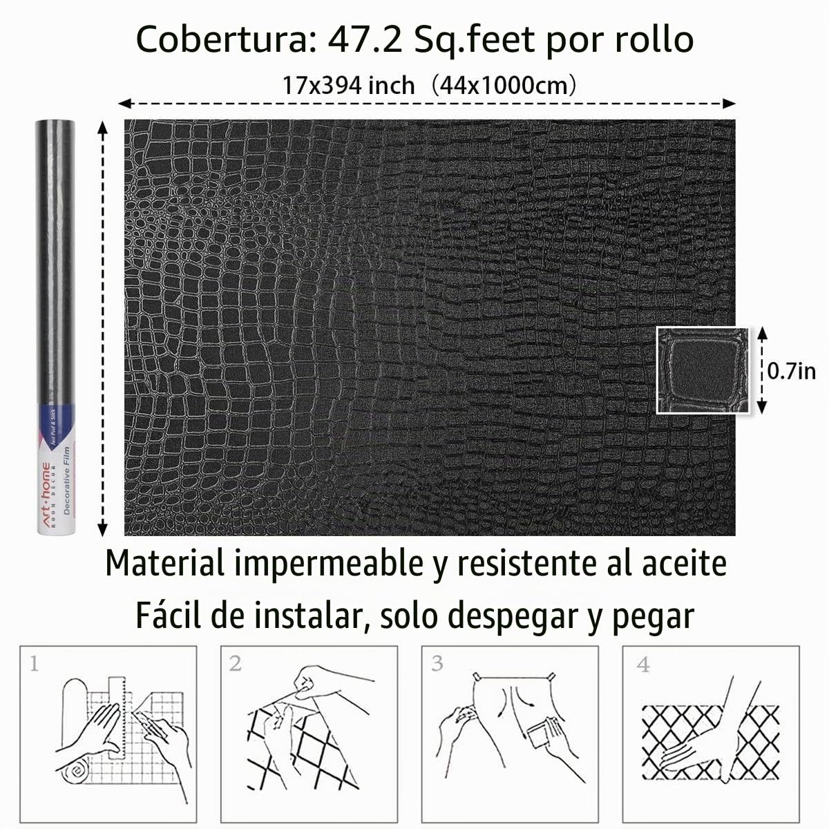 Arthome Autoadhesivo Papel Pintado Negro,44cmx10m Cocodrilo Texturado papel Vinilo Adhesivo Imitación Cuero Negro Impermeable Removible Piel de Cocodrilo para Muebles
