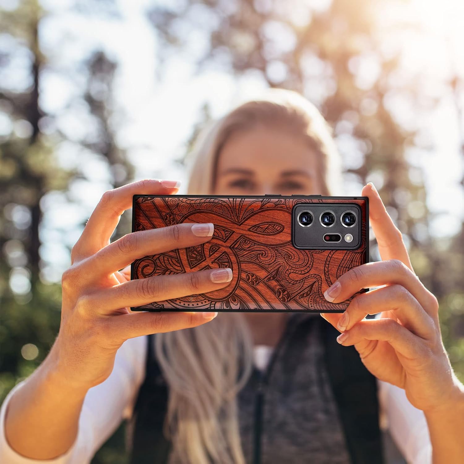 Carveit Wood Case for Galaxy Note20 Ultra Case [Hard Real Wood & Black Soft TPU] Protective Unique & Classy Wooden Cover Compatible with Samsung Note20 Ultra (Doodle Musical Note-Rosy)