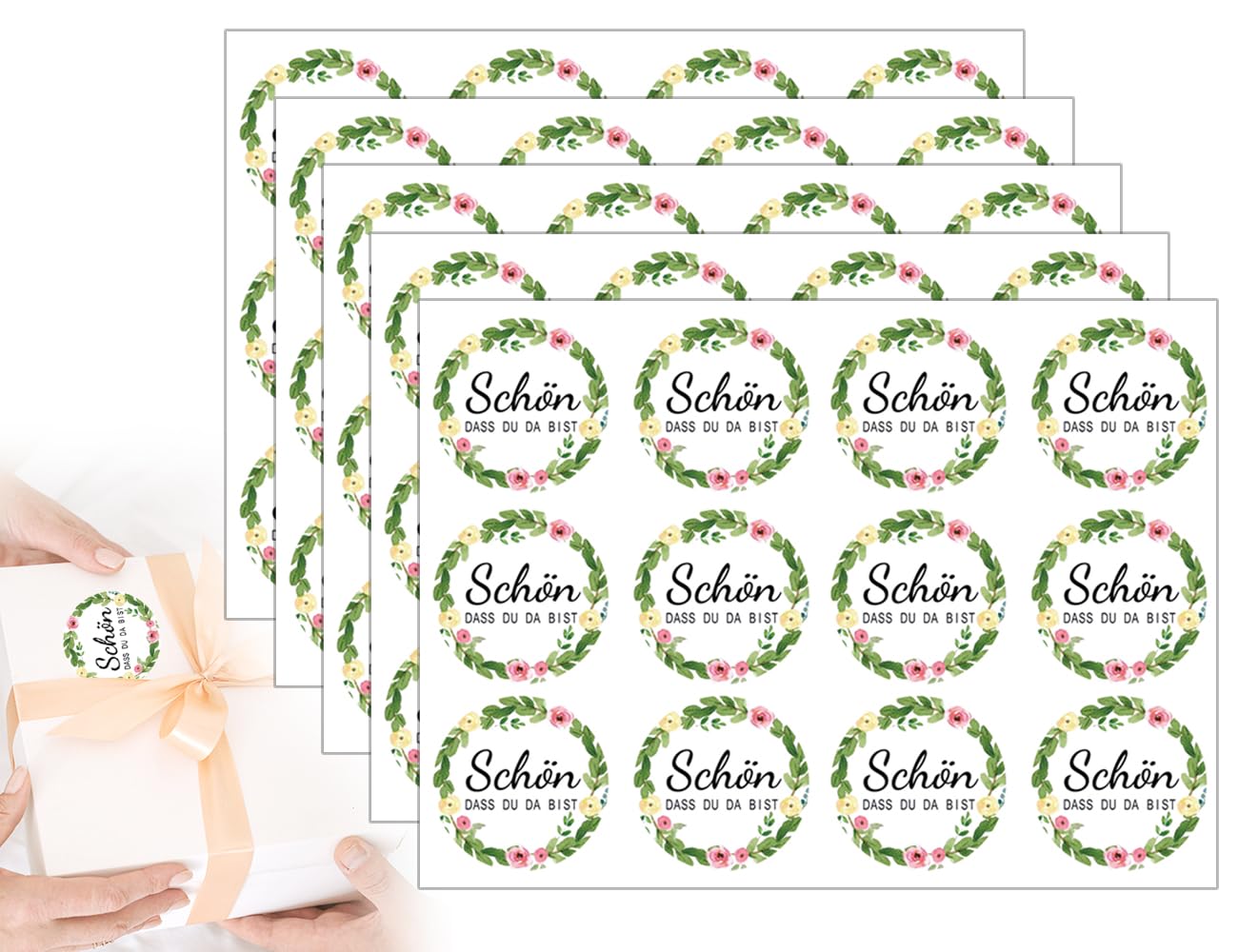 KAPSING 120 Piezas Pegatinas Bonito Que Estás ahí Flores de Boda Pegatinas de Eucalipto, Pegatinas de Boda Redondas de 3,8 cm, Accesorios de Regalos