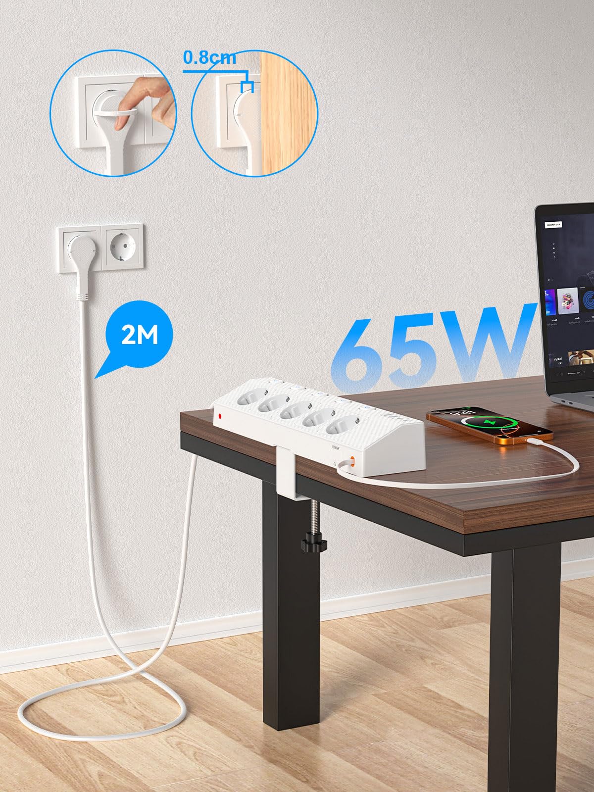 PASSUS - Ciabatta elettrica da tavolo con 2 USB (PD 65 W), 5 prese multiple, con scrivania e protezione da sovratensione, presa angolare 10 in 1 con spina piatta per ufficio/cucina, bianco