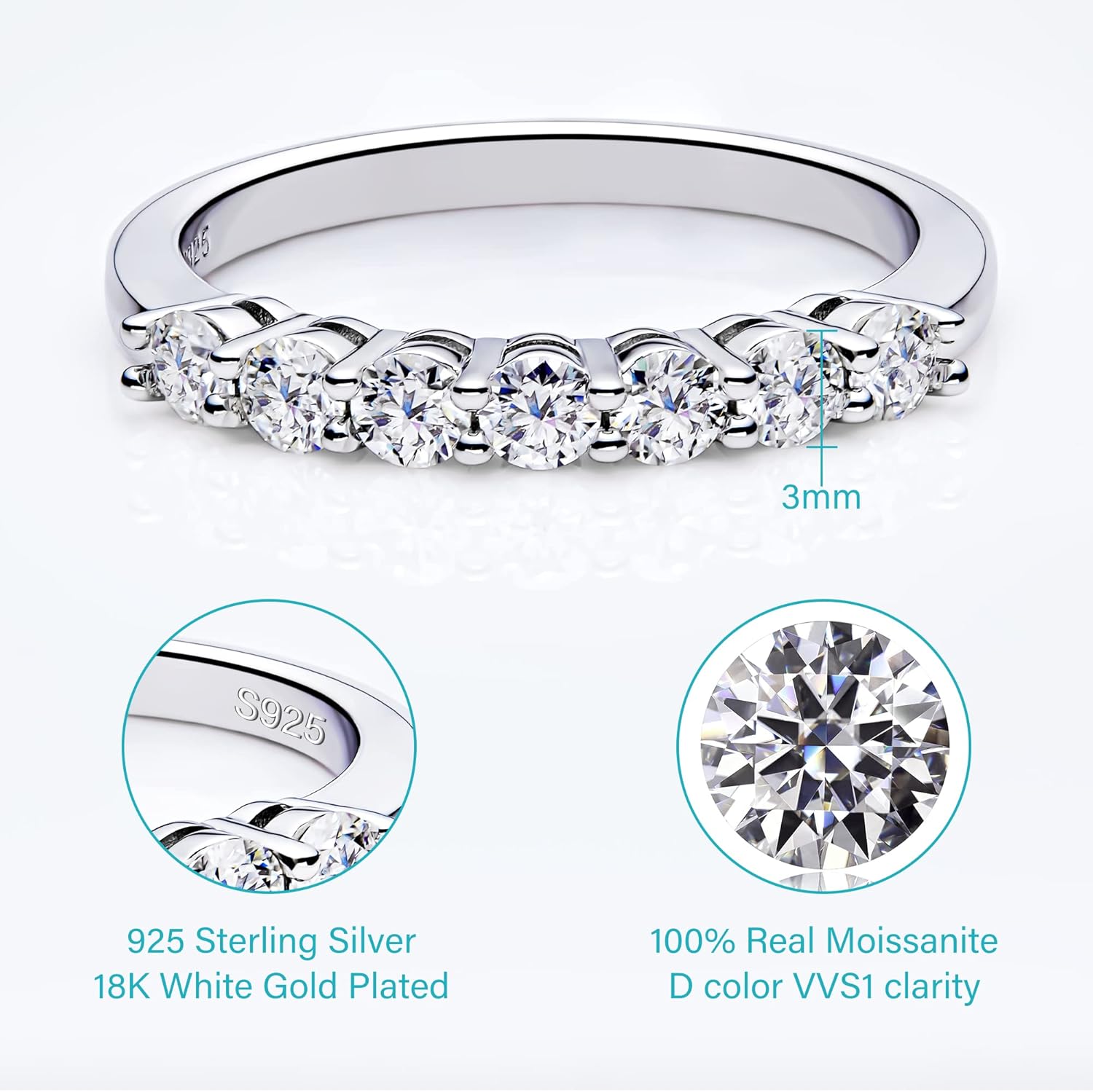 Moissanite Wedding Band,925 Sterling Silver Engagement Rings for Women, 0.7 ct D Color VVS1 Lab Created Diamond Rings,Eternity Promise Stackable Engagement Ring Ring for Her Size 4-9 - Image 3