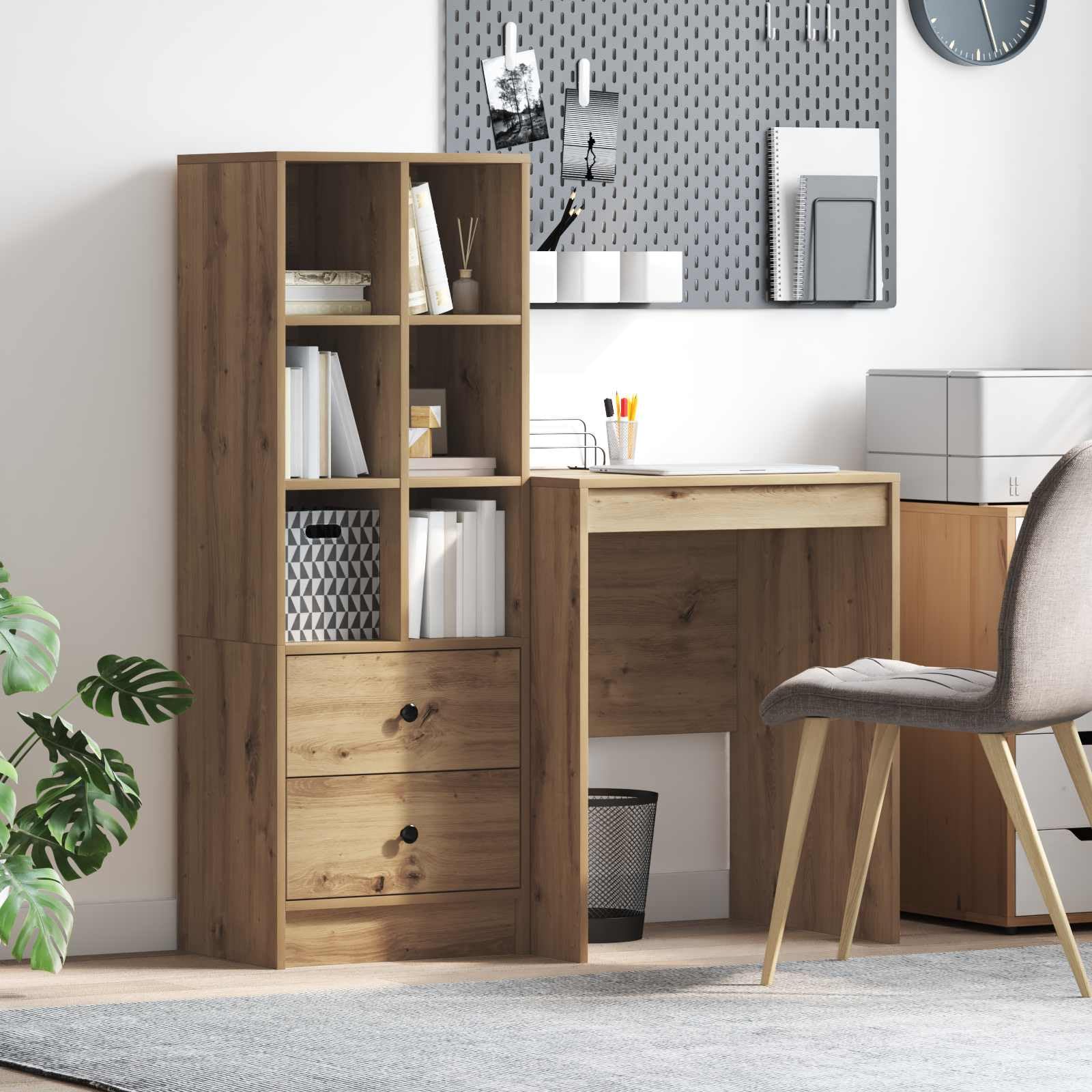 Générique Scrivania in legno di ingegneria marrone con ripiani integrati, superficie spaziosa per computer e documenti, stile moderno per ufficio a casa