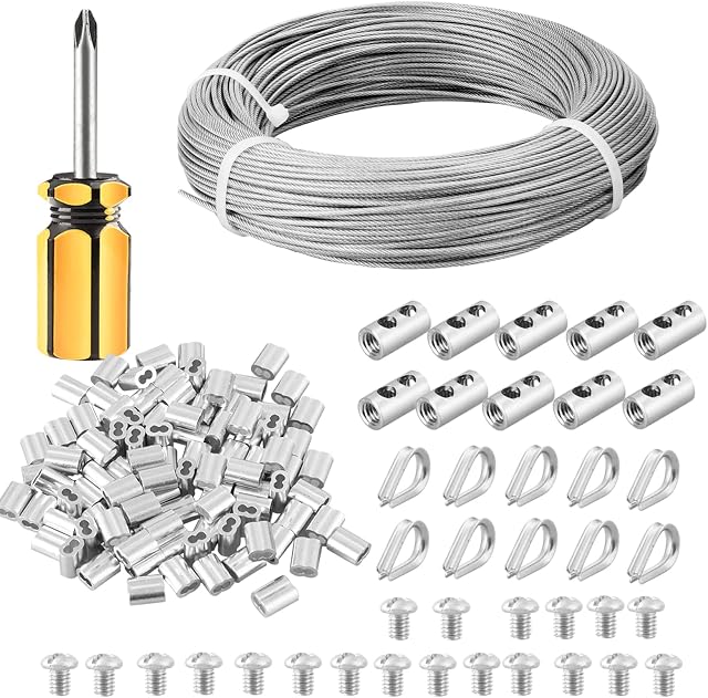 FSHIHINE Cable Railing/Wire Rope Cable/Picture Wire/Garden Wire Kit 100M 2mm PVC Coated 304 Stainless Steel for Home & Garden Fencing Wire Kit with M2 Thimbles, Crimping Sleeves, Wire Rope Clips