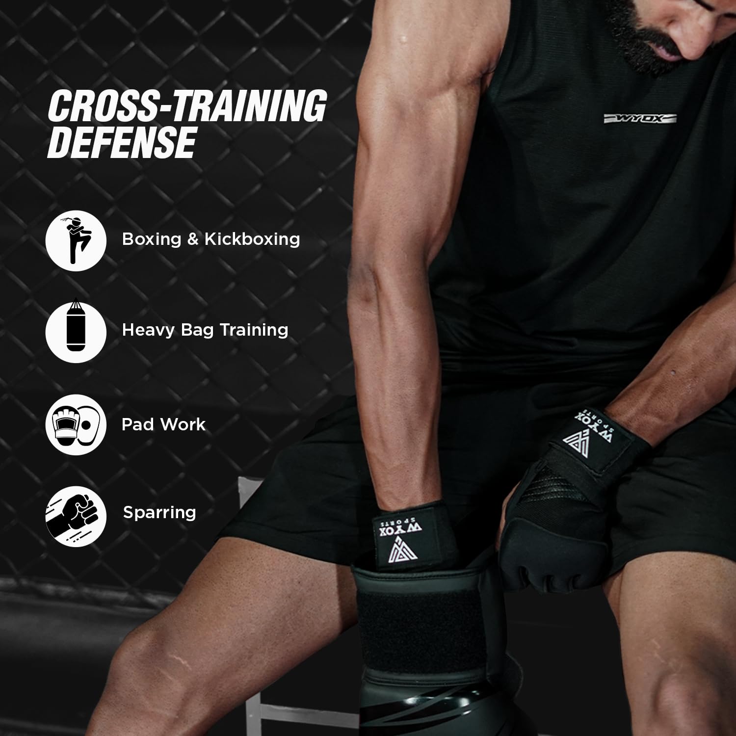 WYOX Fasce da boxe in gel, guanti interni per uomini e donne, 80 cm, cinghie da polso veloci, protezione imbottita per caviglia per Muay Thai, kickboxing, bende per pugilato e arti marziali
