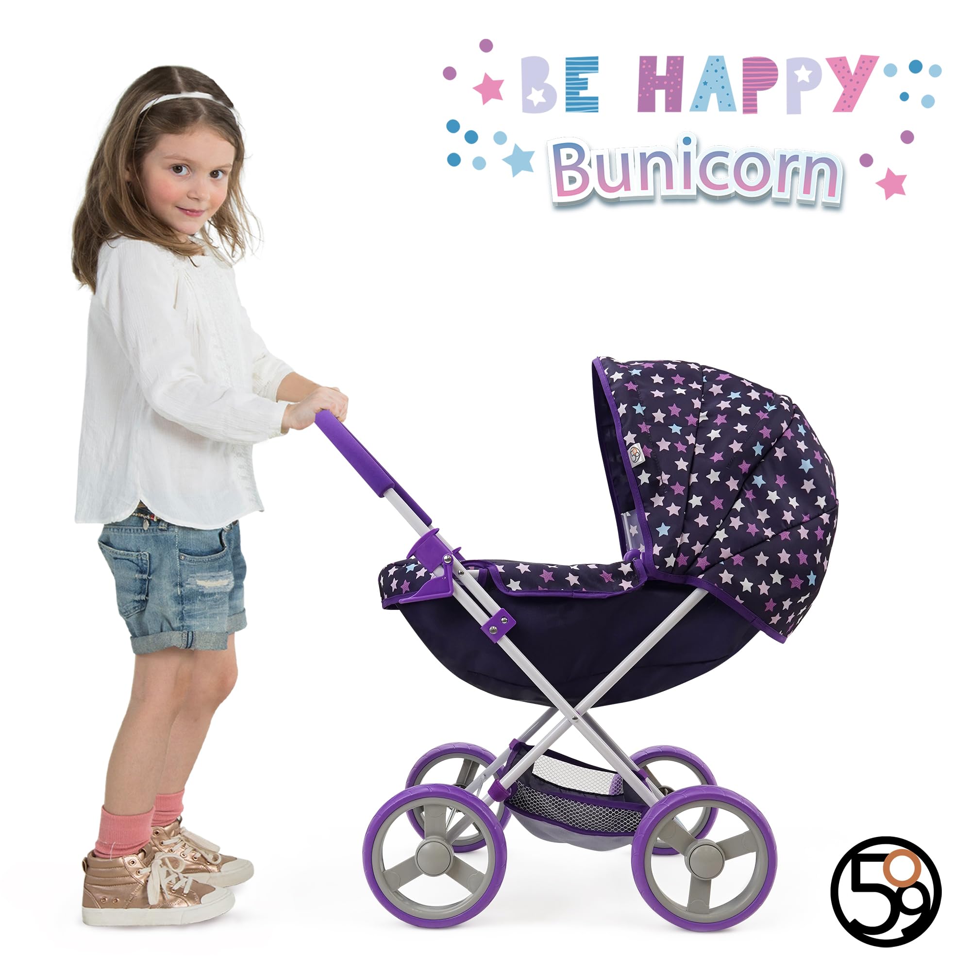 509 Crew Bunnicorn Combo de Juego de 8 Piezas: Cochecito Clásico, Silla Alta, Bolsa de Pañales, 5 Juguetes de Alimentación para Muñecas de 46cm, Juego de Simulación para Niños de 3+