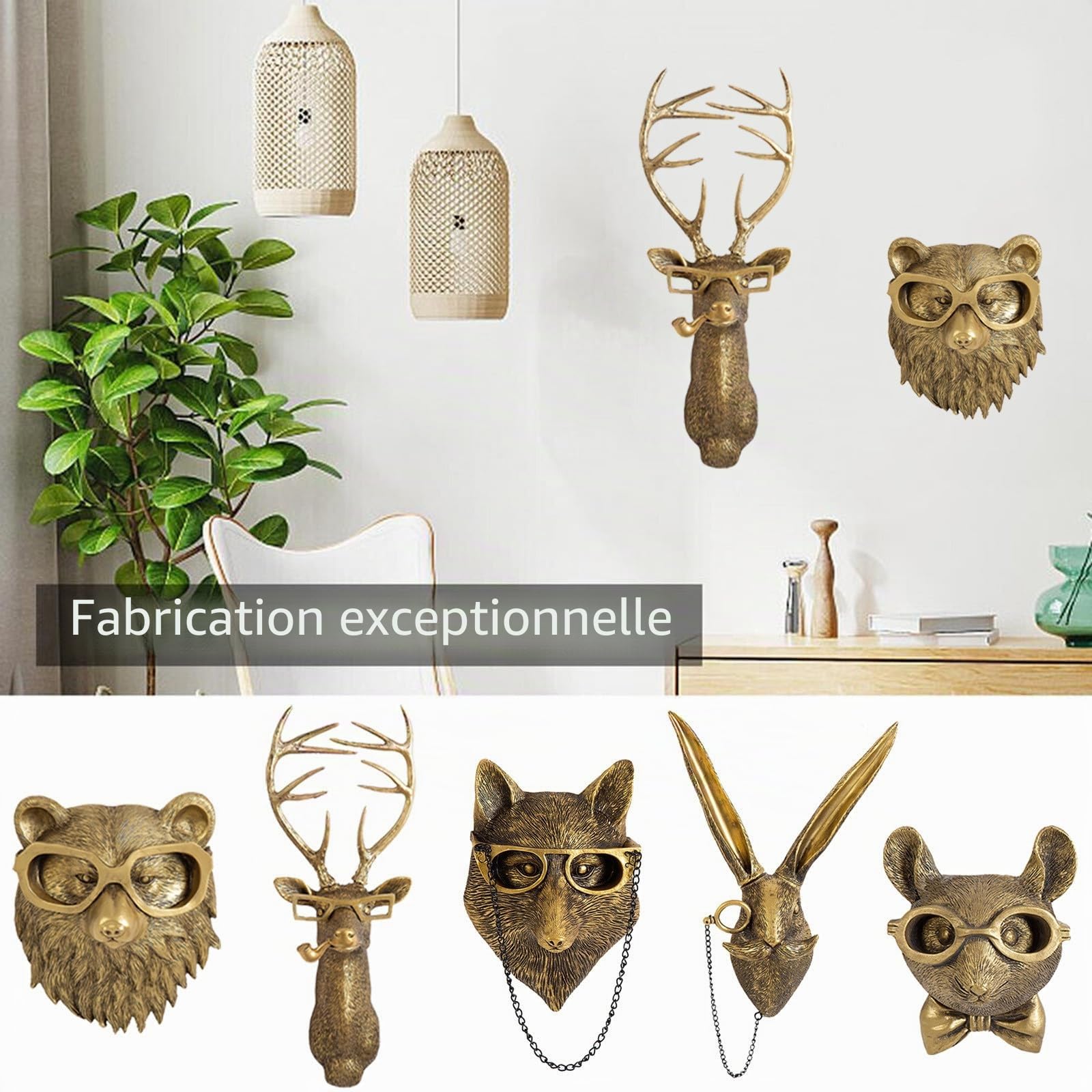 Décoration murale en forme de têtes d'animaux, support en fausse tête de cerf, décoration murale en résine à suspendre pour salon, chambre à coucher, cuisine, cadeau, 5 pièces,