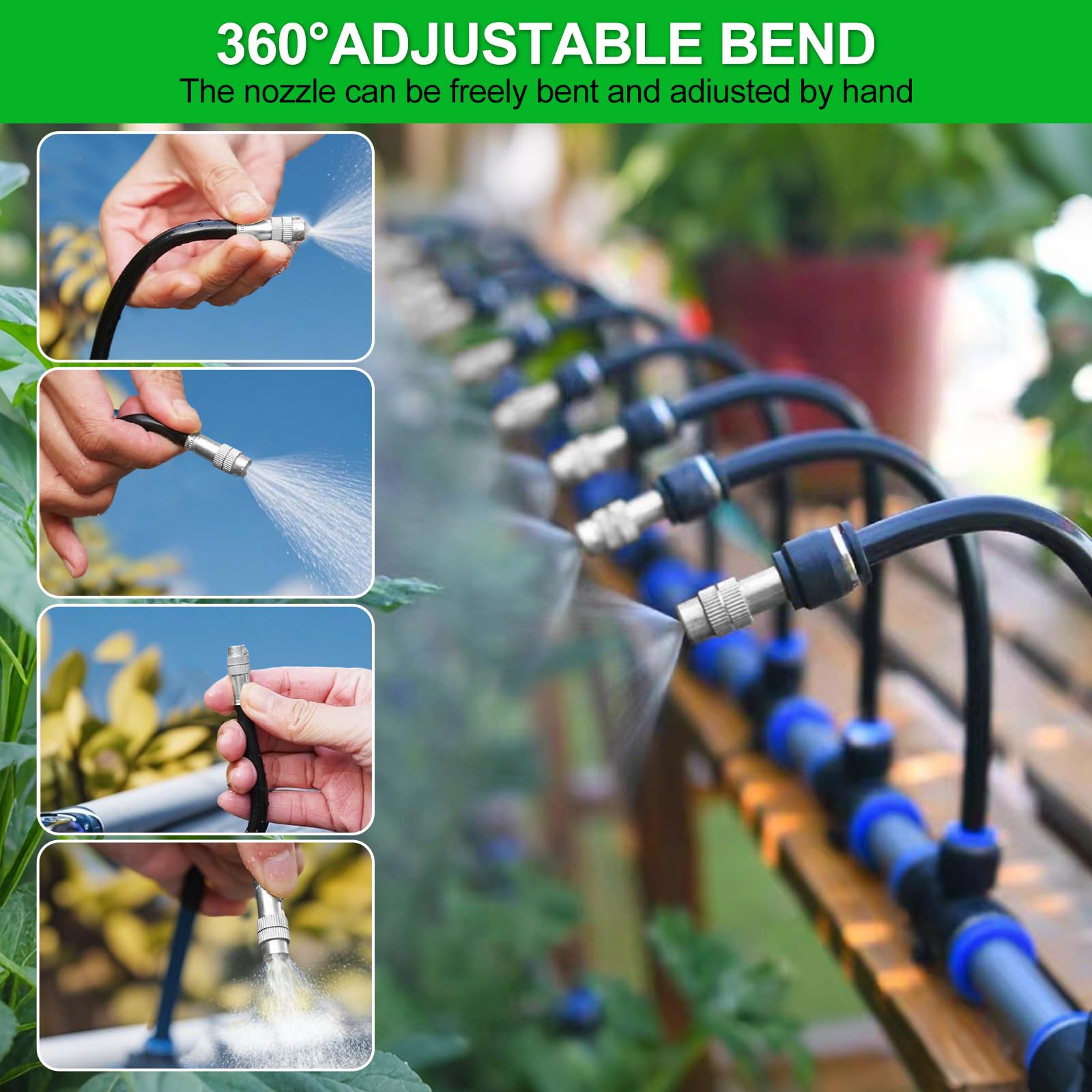 Sistema de riego de niebla, juego de riego por goteo de 65 pies, sistema de riego de jardín ajustable con 25 boquillas de latón flexibles para jardín y terraza