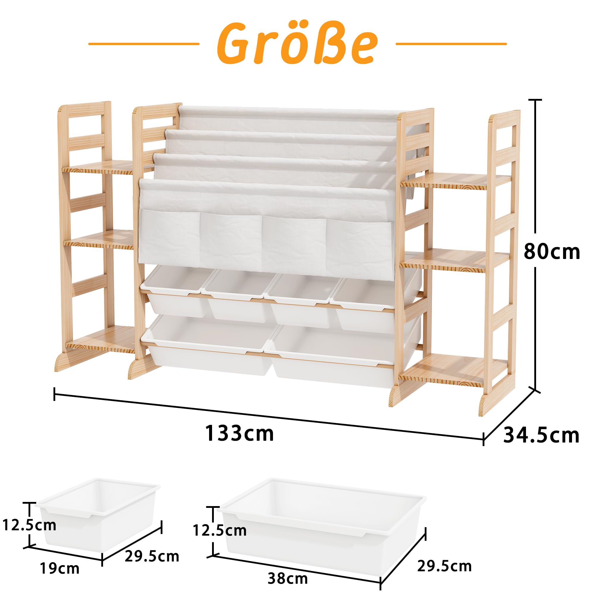 EstanterÍa Infantil para Juguetes y Libros para Juguetes con 4 Compartimentos de Tela Oxford, Estantería Infantil de Madera Maciza con 6 Caja de Almacenamiento, Organizador de Libros