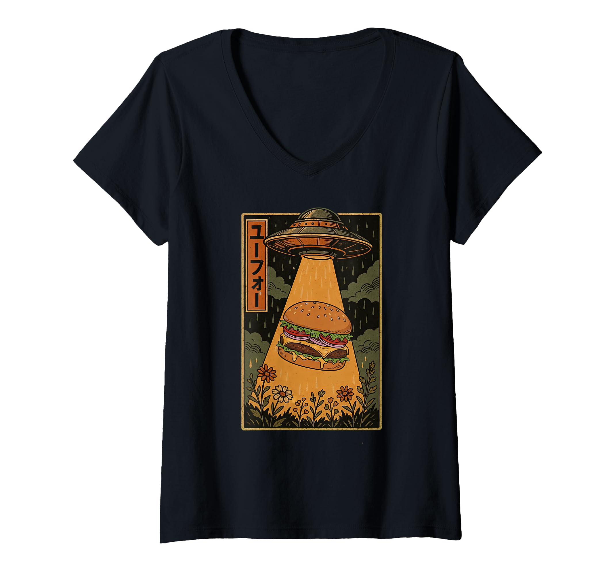 Womens UFO Burger Vintage Japanese Alien Abduction V-Neck T-Shirt
