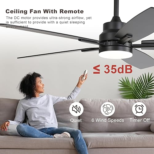 Miniatura 6 de Ventiladores de techo con luces y control remoto, ventilador de techo de montaje empotrado de 52 pulgadas con motor CC reversible silencioso y Negro