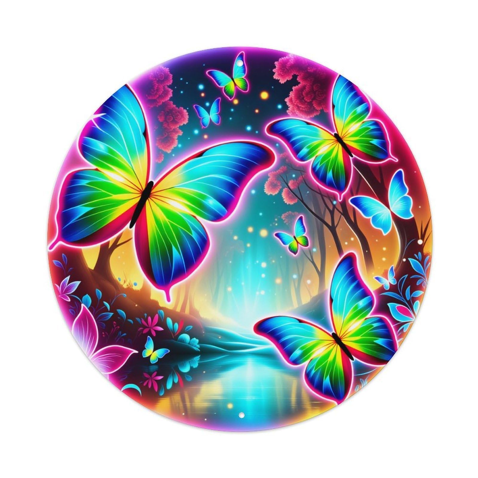 Colorful Butterflies Floral Night Sky Metal Tin Sign Vintage Garden Bedroom Cafe Bar Man Cave Home Wall Decor Metal Poster 8x8 inches
