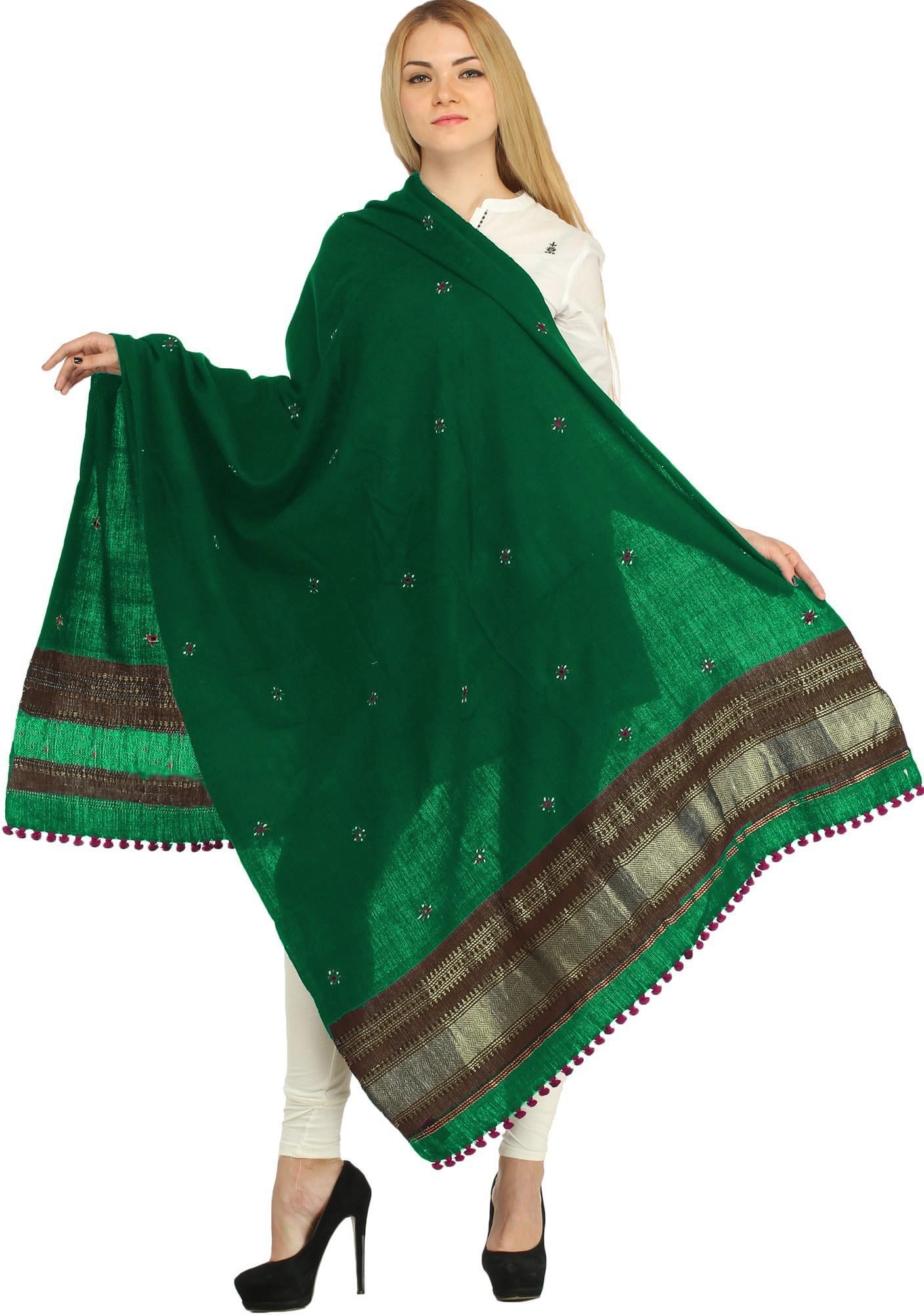 exotic india Women's Wool Shawl from Kutch with Embroidered Bootis and Golden Woven Border Ethnic Design Stole, Scarves-picture-41