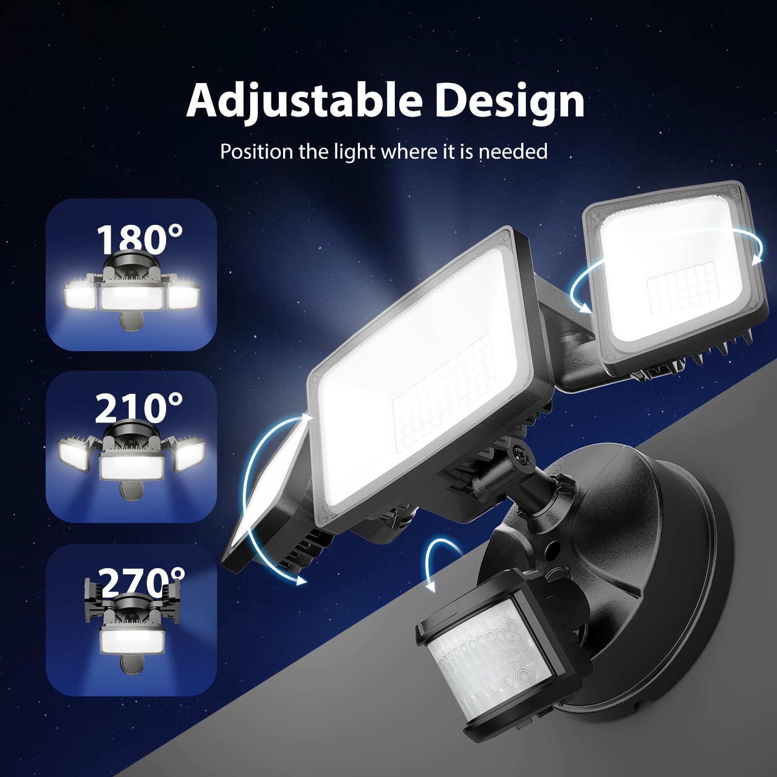 Onforu LED Strahler mit Bewegungsmelder Außen 55W 5000 LM 3 Köpfe 6500K Kaltweiß IP65 Flutlicht