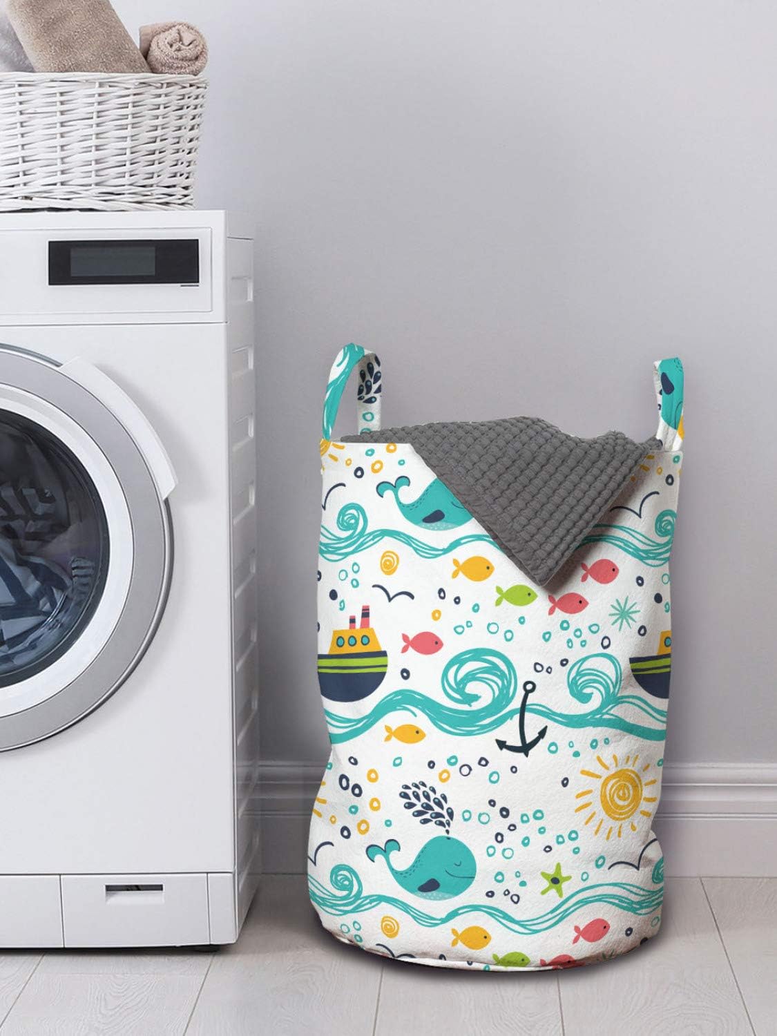 Ambesonne Sailboat Laundry Bag, Scribbled Hand Drawn Ocean Habitants Fishes Water Spraying Whale and Rising Sun, Hamper Basket with Handles Drawstring Closure for Laundromats, 13" x 19", Teal Yellow
