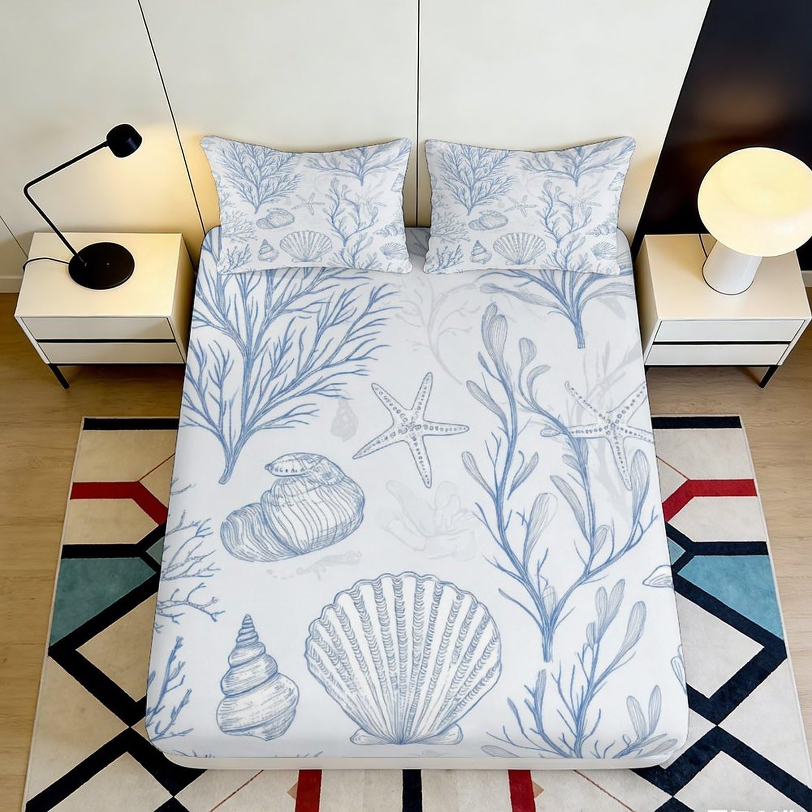 3D Printed Ocean Shells Fitted Sheet Microfiber Soft Mattress Cover Starfish Coral for Bedroom Guest Room Decor 90x200x25cm