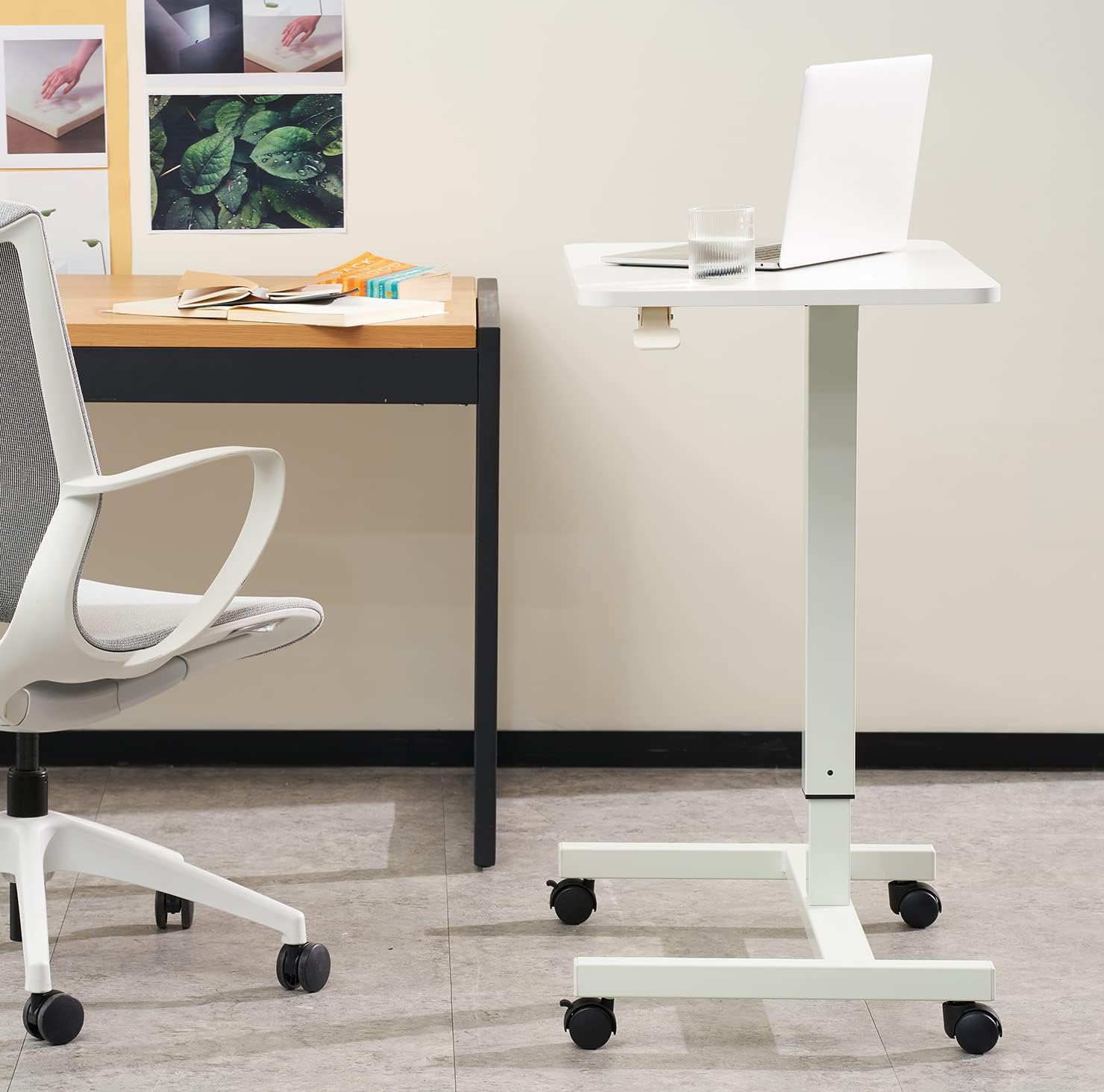 CLATINA Height Adjustable Mobile Laptop Desk Cart - Versatile Rolling Workstation Table for Office, Home, and Study Room - Ergonomic Standing Desk with Lockable Wheels 28" x 19" White…