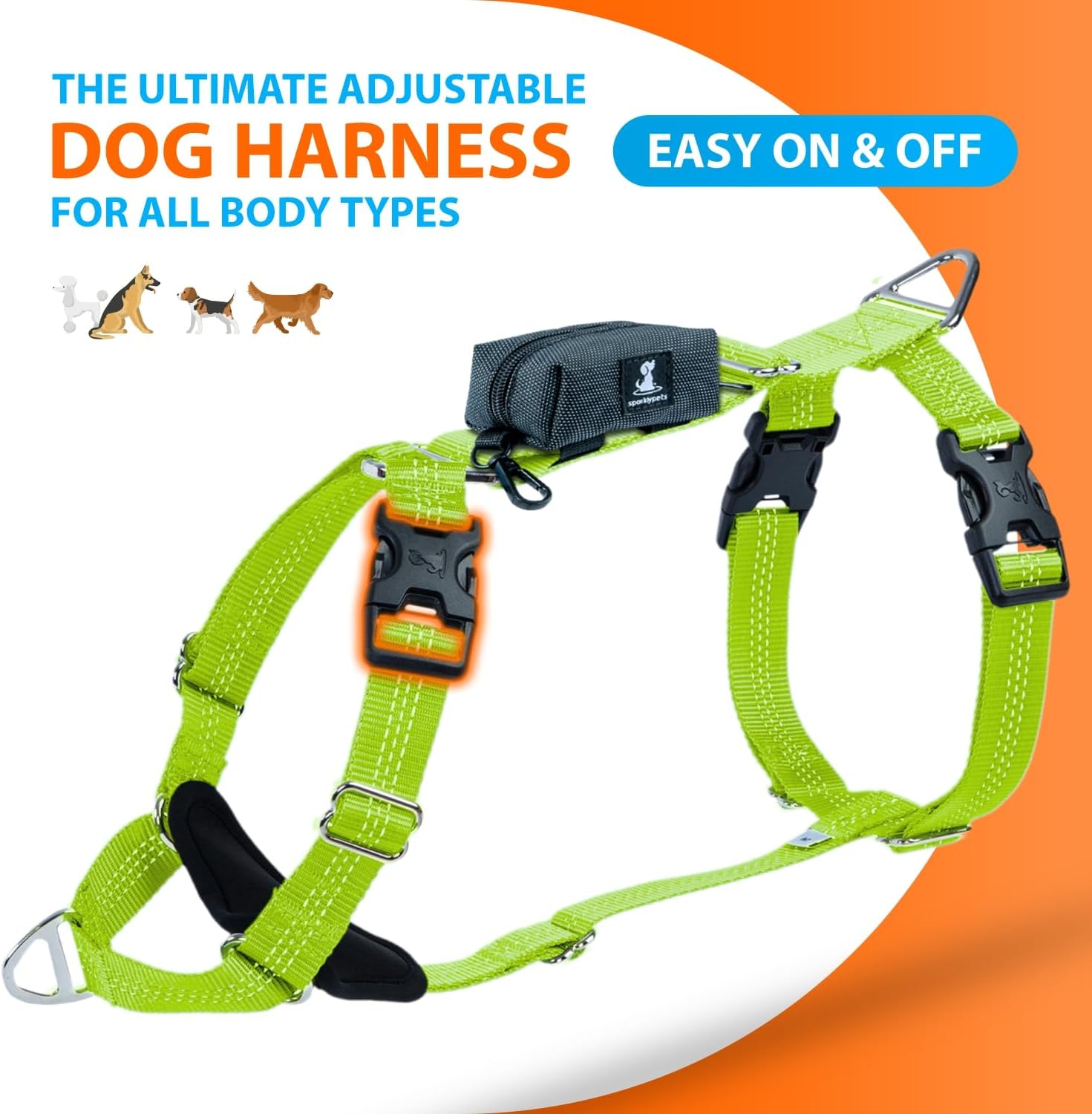 SparklyPets More Freedom No-Pull Front & Back Easy Clip Dog Walk Harness for Medium & Large Breeds with Poop Bag Holder – Dog Halter for All Body Types (Green, Range 1)