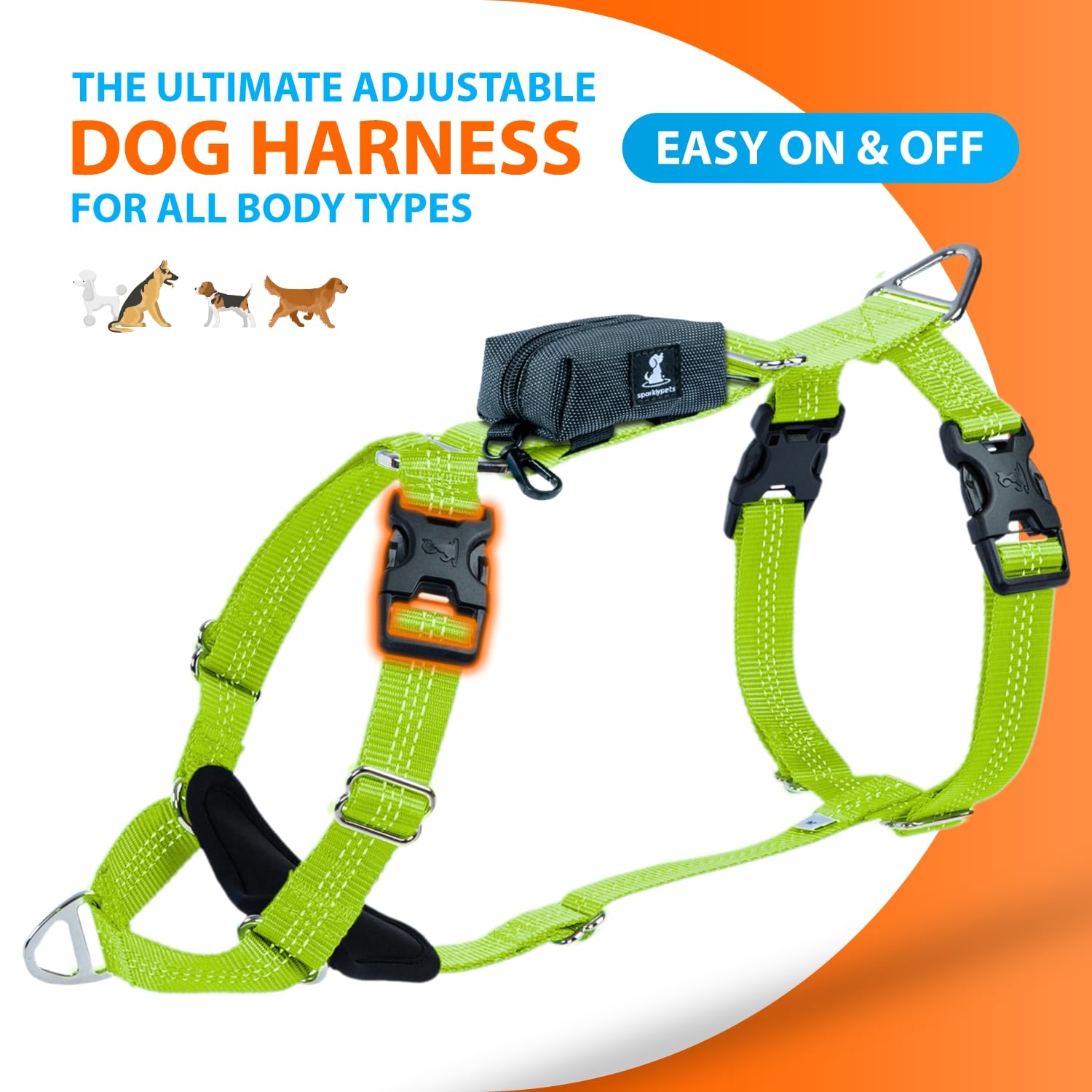 SparklyPets More Freedom Arnés de paseo para perros sin tirones en la parte delantera y trasera para razas medianas y grandes con soporte para bolsas de excrementos, cabestro para perros para todos