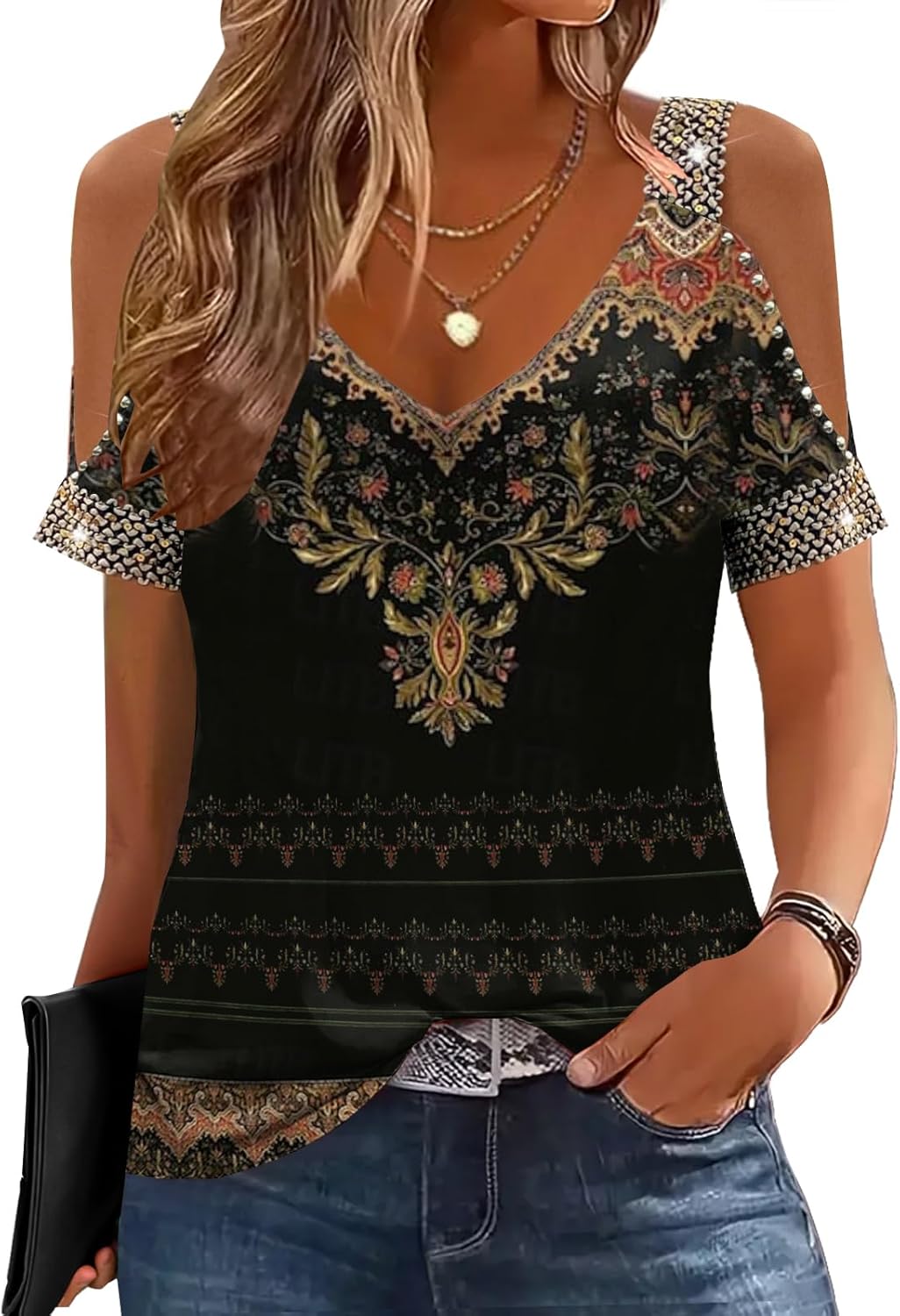 Womens Cold Shoulder Tops with Sequins V Neck Short Sleeve T Shirts Casual Loose Fit Basic Tee