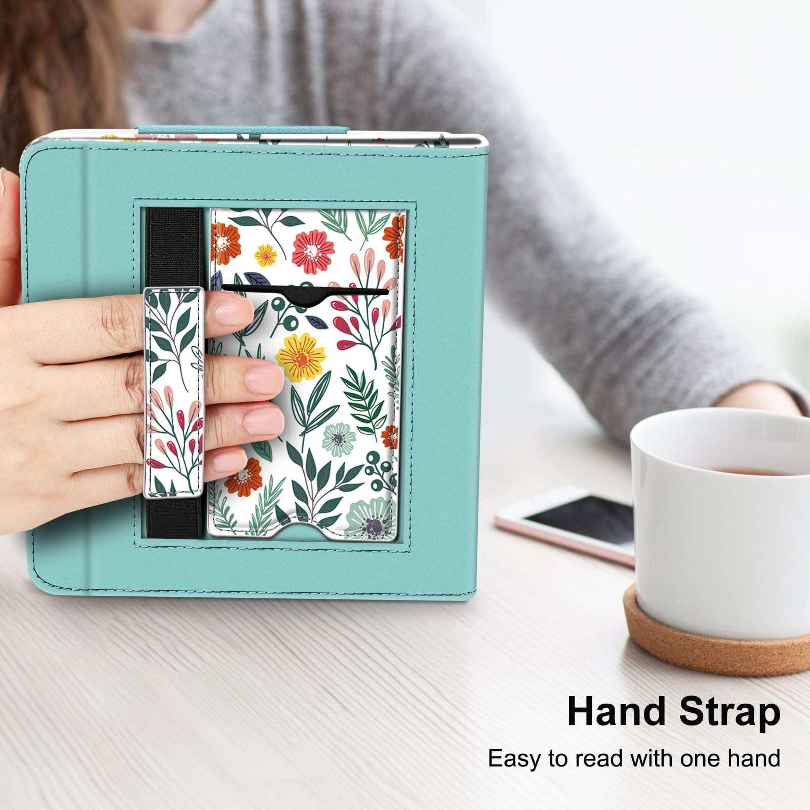 FINTIE Étui Compatible avec 7" Kobo Libra Colour 2024 / Kobo Libra 2 2021 (Modèle: N428 / N418), Coque Liseuse avec Béquille et Fente pour Carte et Dragonne, Fleur Printanière
