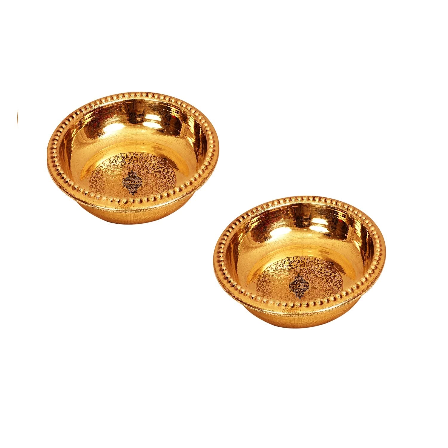 INDIAN ART VILLA IndianArtVilla Embossed Design Brass Rice Plate Pudding Plate, Serving Sweets Dessert, Hotel Restaurant, Diameter 4.5 Inch, Gold, Set of 2