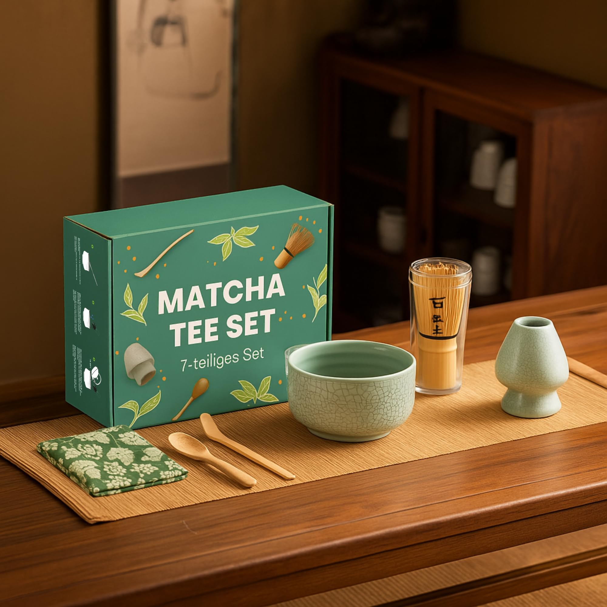 Matcha Tee Set - 7-teiliges Geschenkset mit Schale, Chasen (Besen), Chasenhalter, Handtuch, Bambuslöffel, Bambusschaber und Bambusmatte - Perfekt für Einsteiger und Profis