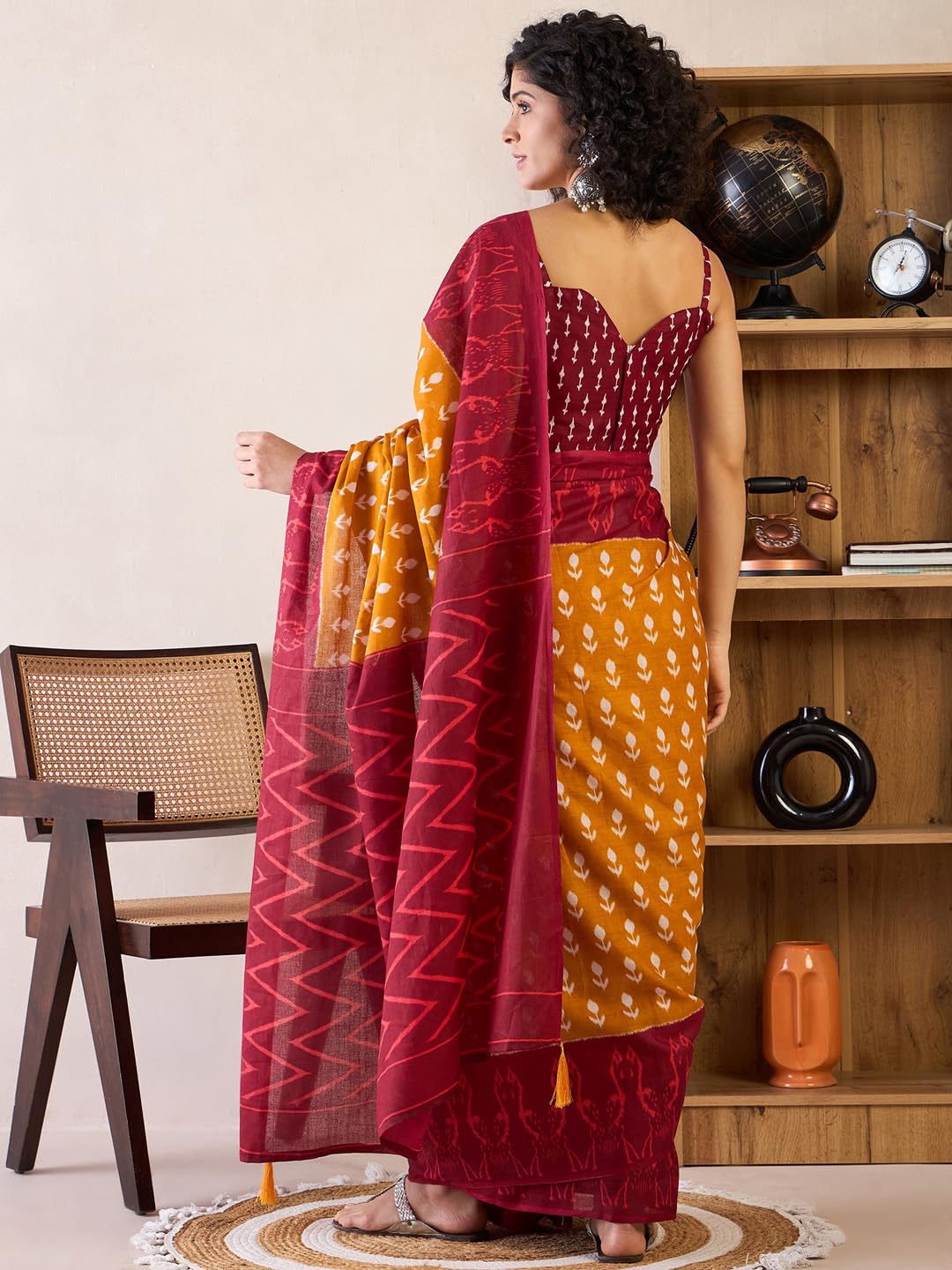 SAREE MALL Women's Mustard Cotton Bagh Printed Ready To Wear one Minute Saree With Unstitched Blouse Piece(RTWMINAXI6503_SMC) 1