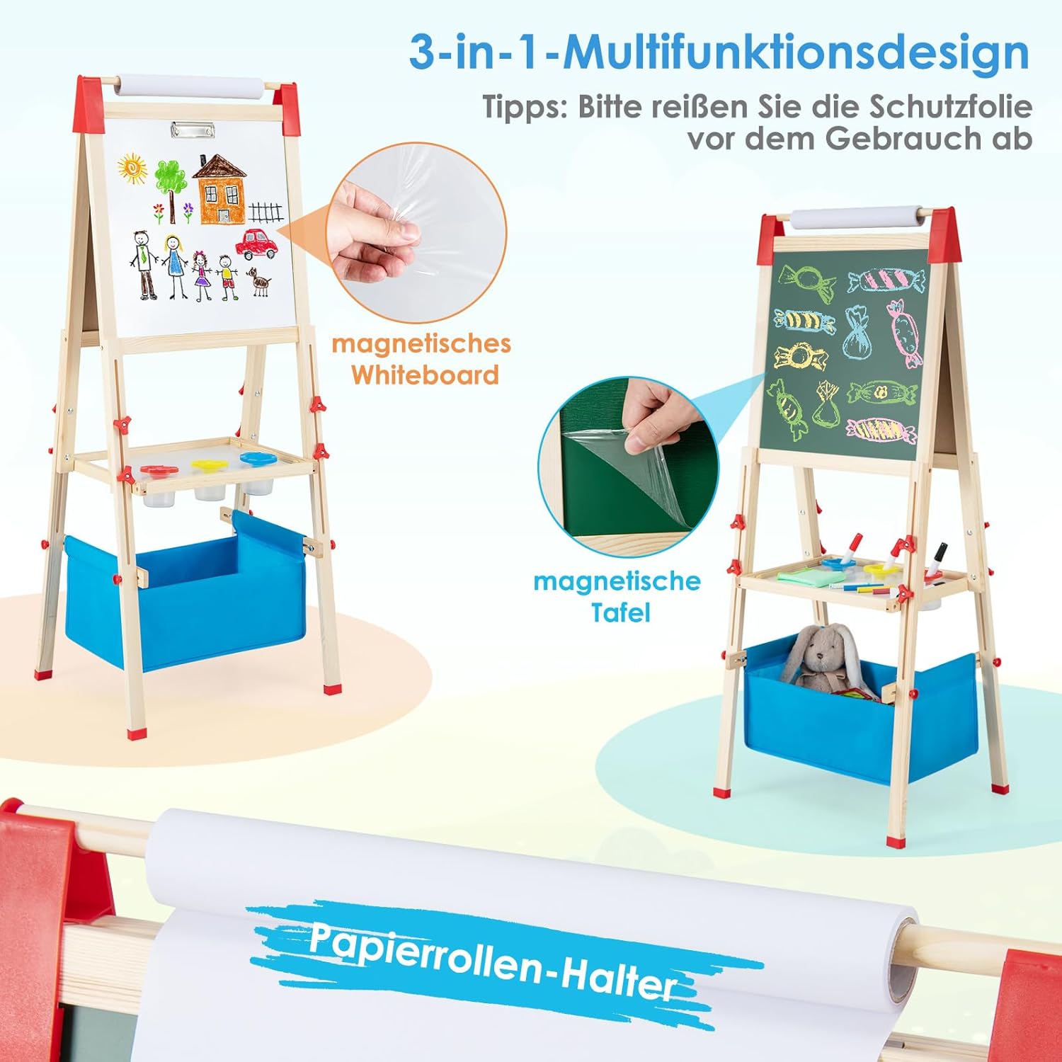 Diagram showing the 3-in-1 functionality and the importance of removing the protective film from both the magnetic whiteboard and magnetic chalkboard.