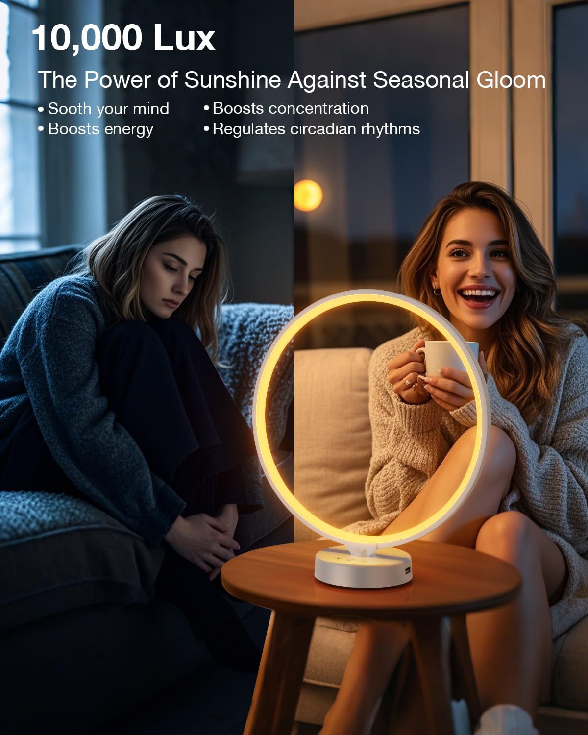 Lámpara solar de terapia de luz de 10000 lux, sin rayos UV con control remoto, 3 temperaturas de color, 4 niveles de brillo y temporizador, luz solar de temporada para el hogar, la oficina