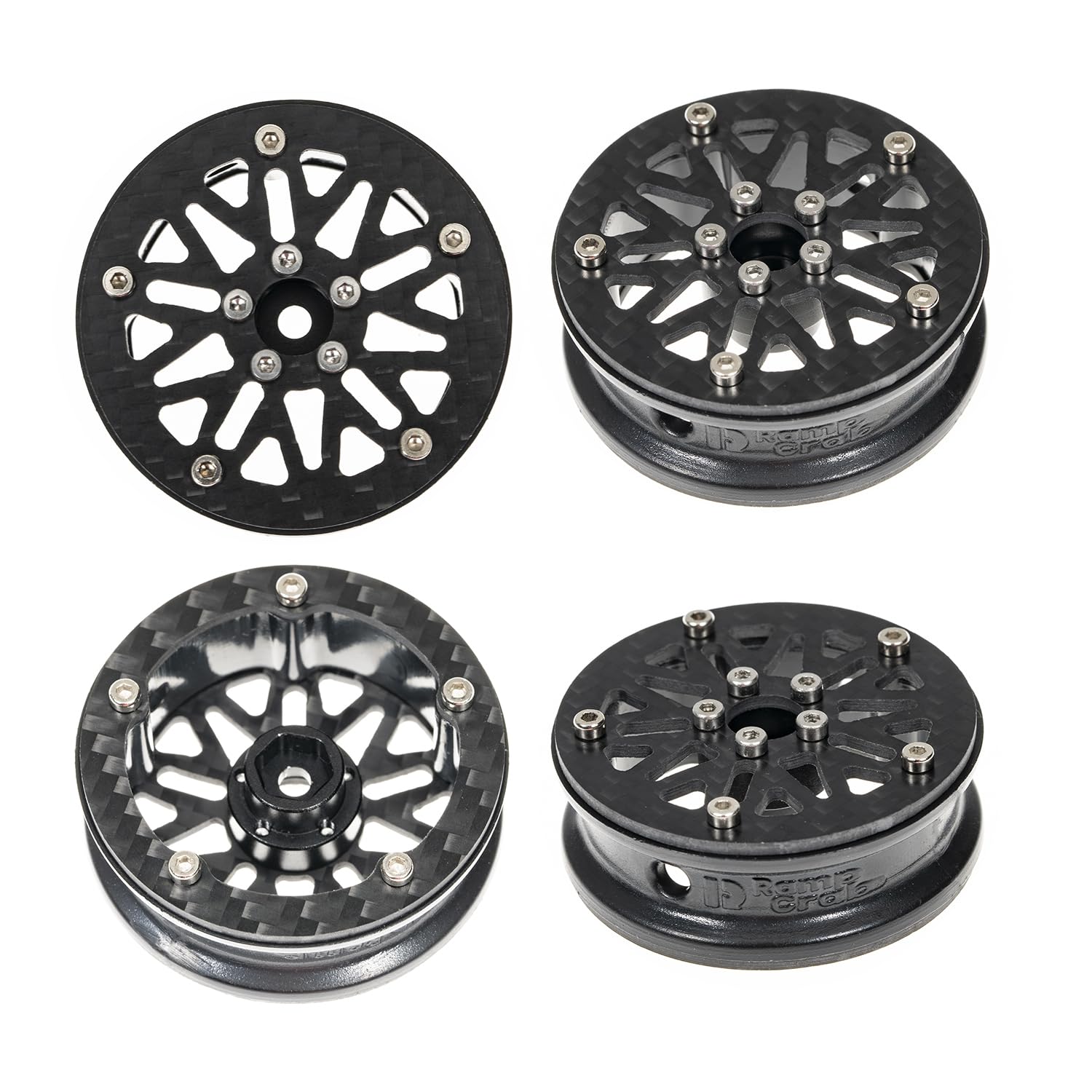 RampCrab 1.8" (46mm) Super Wheels, Carbon fibre Beadlock Wheels, fit fot SCX24, TRX4M, FCX24, FCX24M, CR18P, Style D