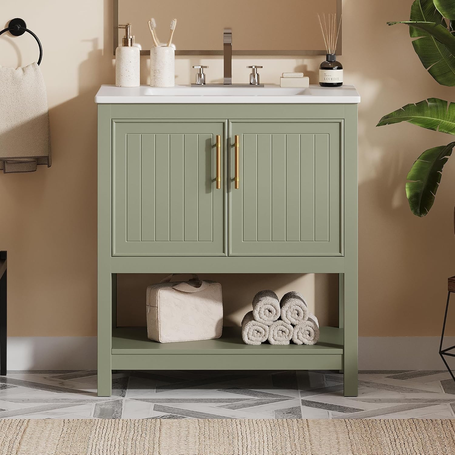 30" Bathroom Vanity with Sink Combo, Wood Modern Bathroom Sink Cabinet with 2 Storage Doors and Open Shelf,Freestanding Bathroom Vanities (Green)