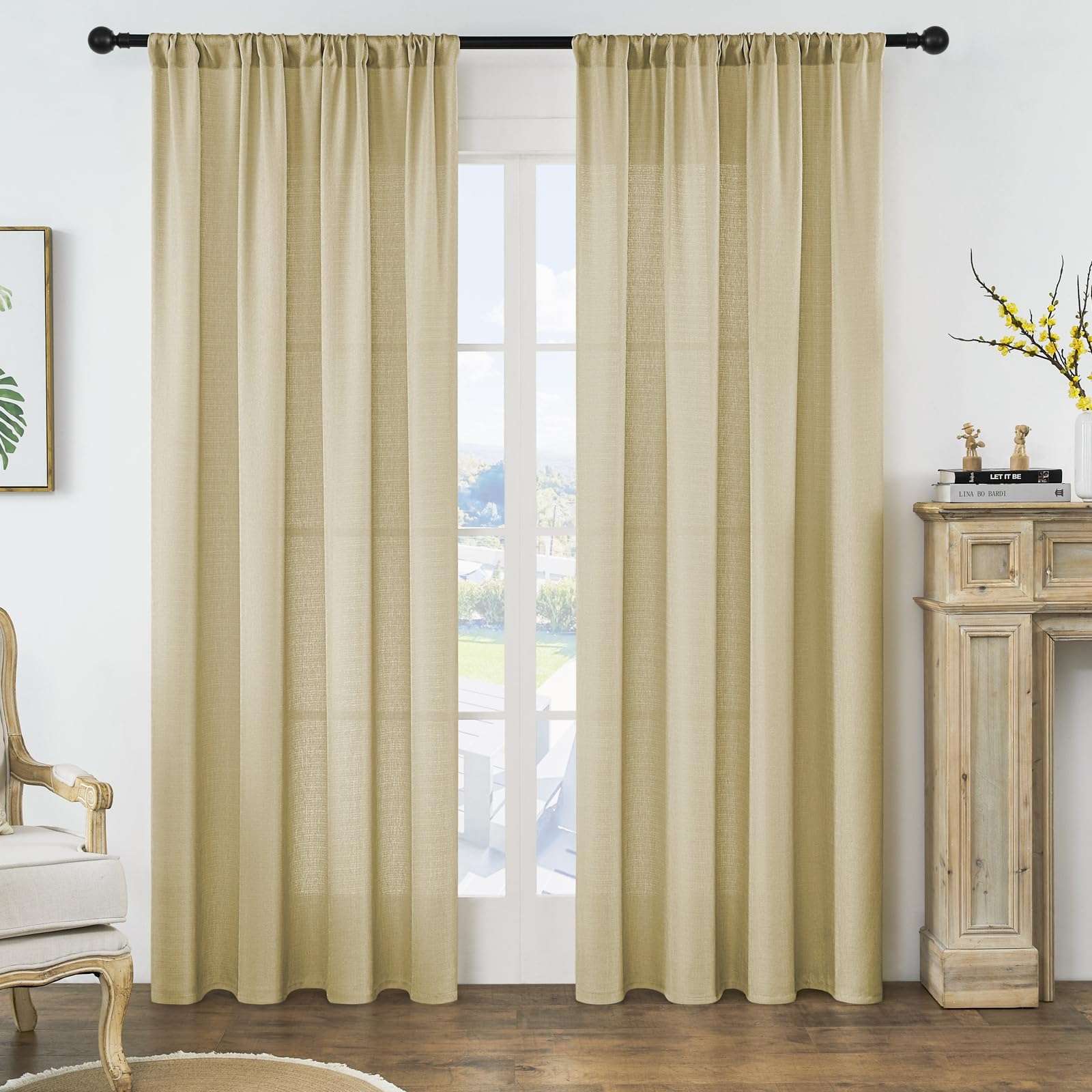 Faux Linen Sheer Curtains, Natural Linen Look Voile Curtains, 102 inch Drop, Semi Sheer 30-40% Light Filtering, Thicker Than Thin Voile Drapes, Rod Pocket for Living Room Bedroom Patio Door