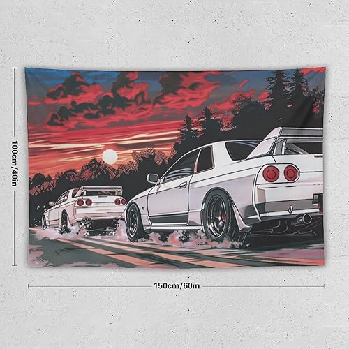 Miniatura 2 de QEOPGNE Tapiz japonés R32 para automóvil deportivo, arte de pared de automóvil retrowave de anime, decoración de pared de auto de carreras Jdm,