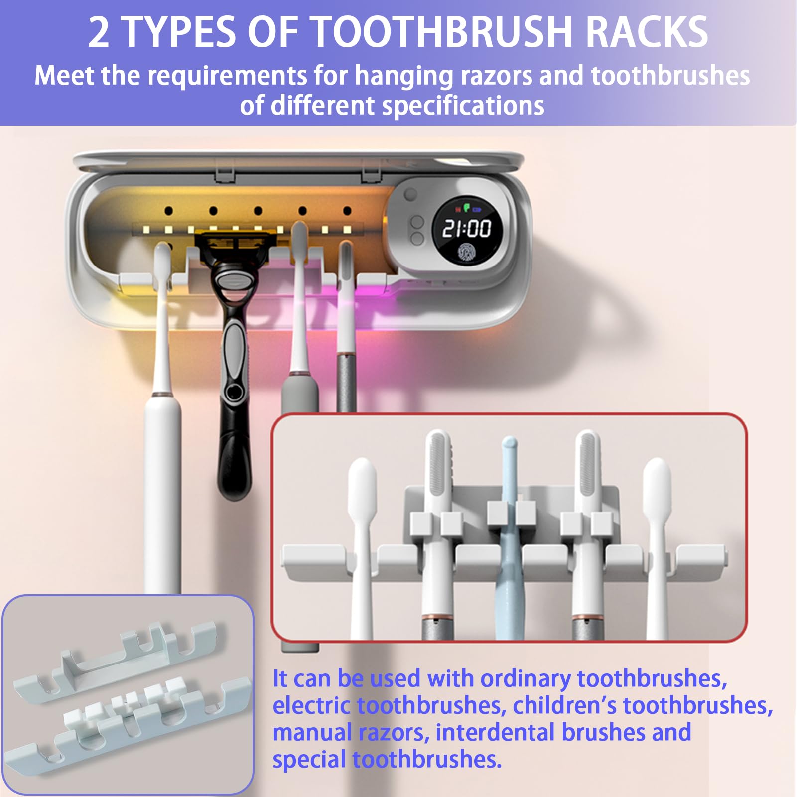Soporte para cepillo de dientes para baño, soporte inteligente para cepillo de dientes con limpieza/secado/temporizador, 5 ranuras para cepillos de dientes montado en la pared con luz nocturna