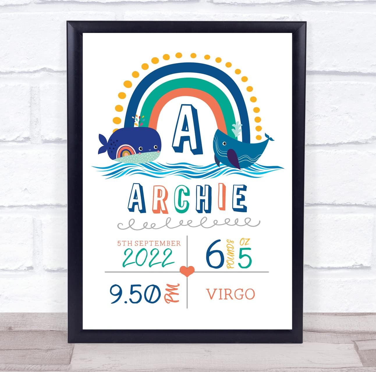 Birth Details Nursery Christening New Baby Whale Rainbow Keepsake Gift Print