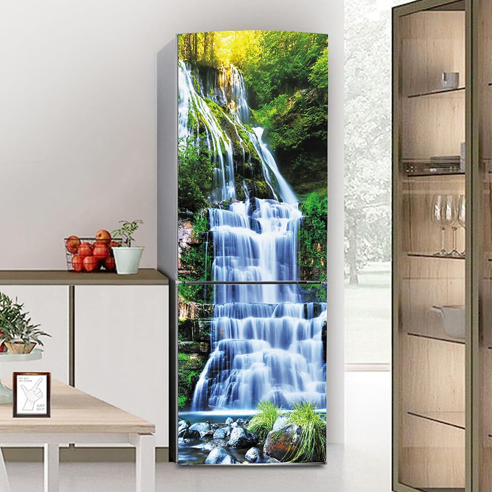Myxjx One Color Fridge Wrap, Full Covering Door Fridge Covers Skins Wall Stickers For Kitchen Decal, Waterfall Green Tree Landscape