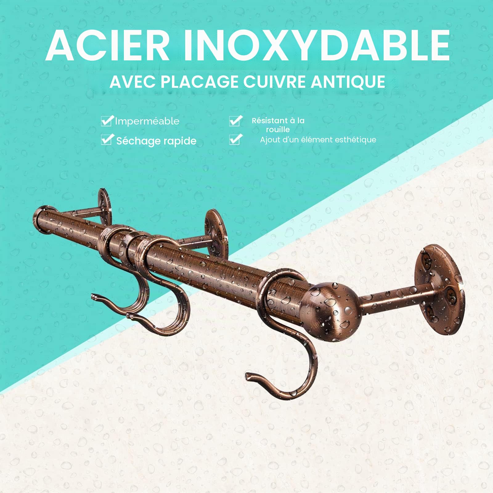 Rothley Support à suspendre pour casseroles et poêles en acier inoxydable de 60 cm - Support mural pour casseroles et poêles - Support mural pour cuisine avec crochets (cuivre antique)