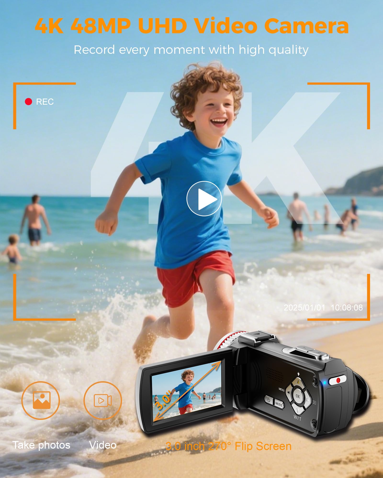 Videocamera 4K 48MP Camcorder per YouTube, 21X Zoom Digitale Videocamere, Schermo Rotante 270° 3" Vlog Camera, Video Camera con Scheda TF da 32 GB, Cavo HDMI, Mic, Telecomando, 2 Batterie